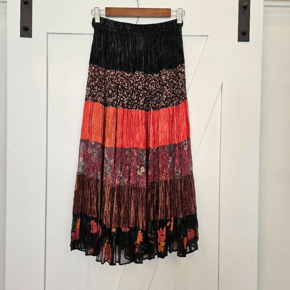 Vintage Dresses & Skirts - Vintage Walias Boutique Velvet and Floral Tiered Broomstick Skirt, Small/Medium